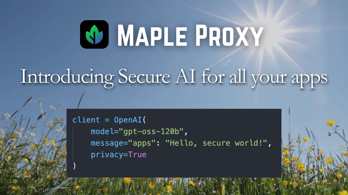 Sunny sky with the Maple Proxy logo and code that says "Hello, secure world!"