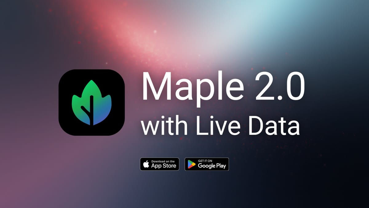 Maple 2.0 with Live Data. Text with Maple leaf icon on a starry nebula background
